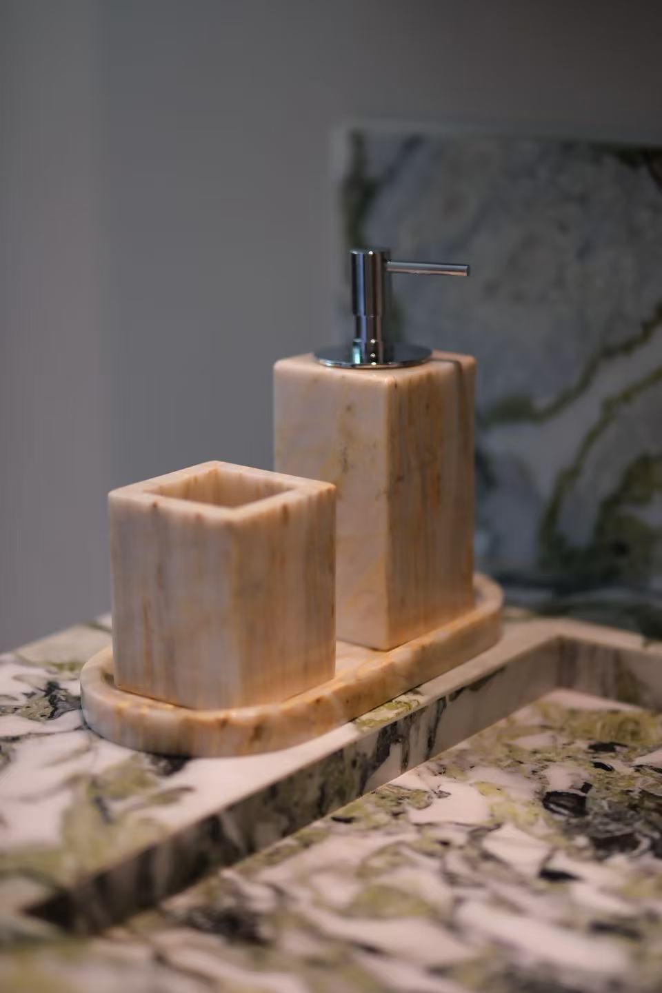 Travertine Bathroom Accessory Set | Natural Stone Vanity Organizer