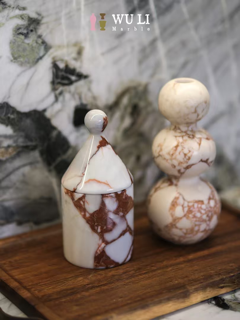 Red & White Brecciated Marble Canister | Natural Stone Storage Jar with Lid