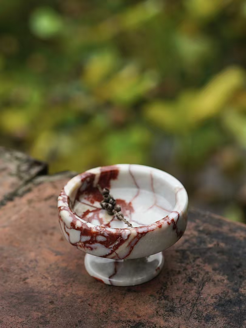 Red & White Brecciated Marble Incense Bowl | Natural Stone Aromatherapy Holder